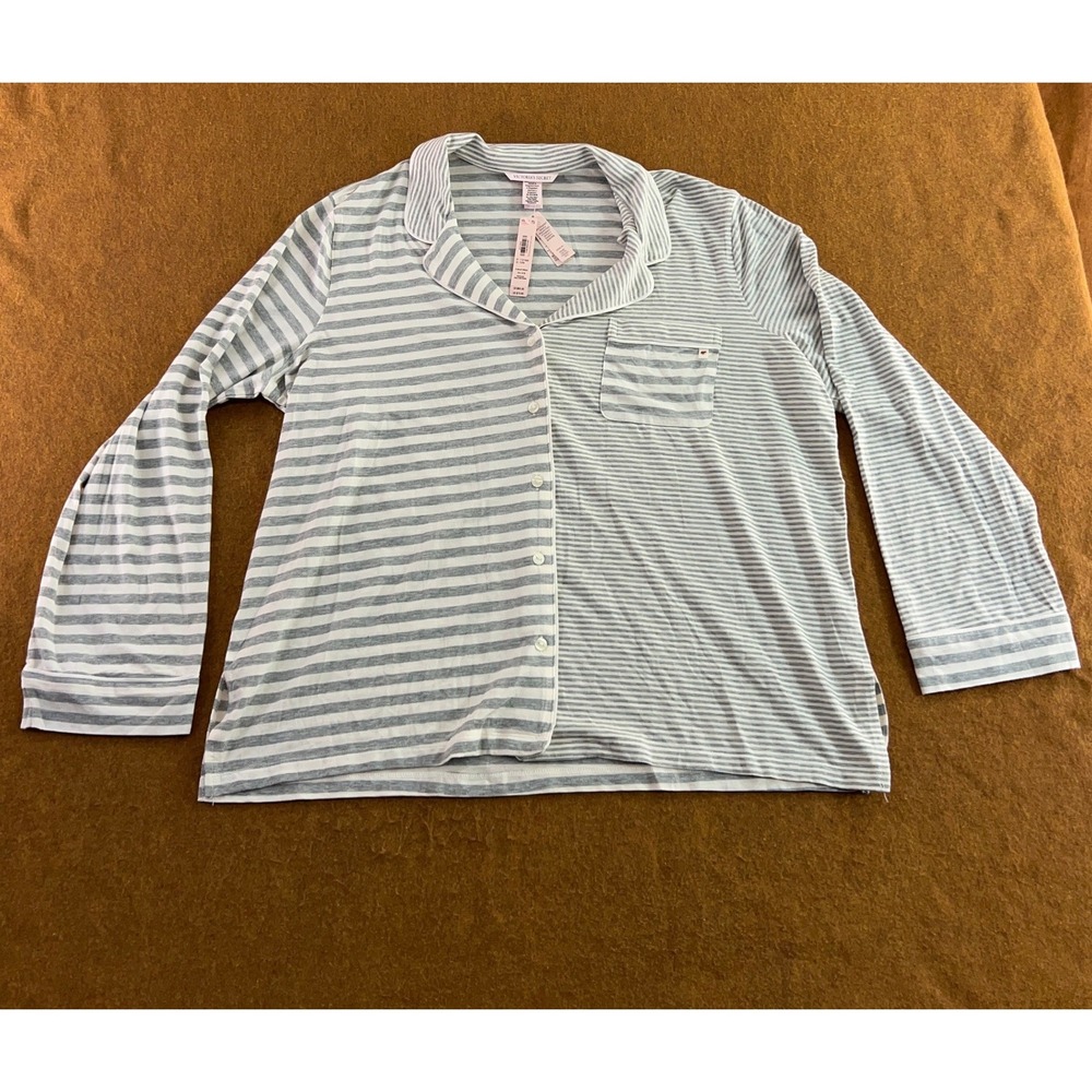 Victoria's Secret Womens XL Grey Striped Modal Button Front Pajama Top NWT